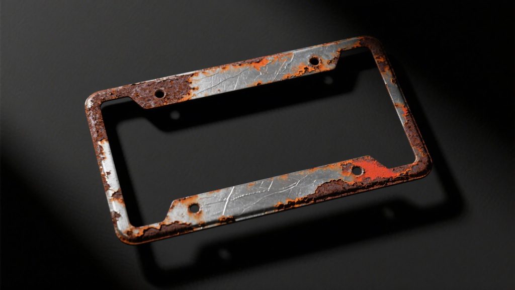 A rusty license plate frame