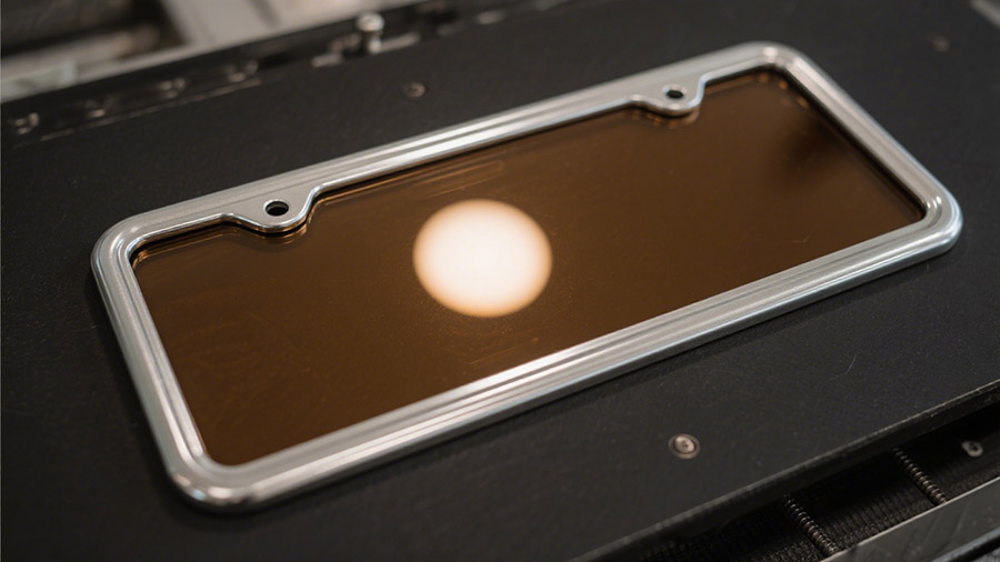 The license plate frame is undergoing xenon lamp testing