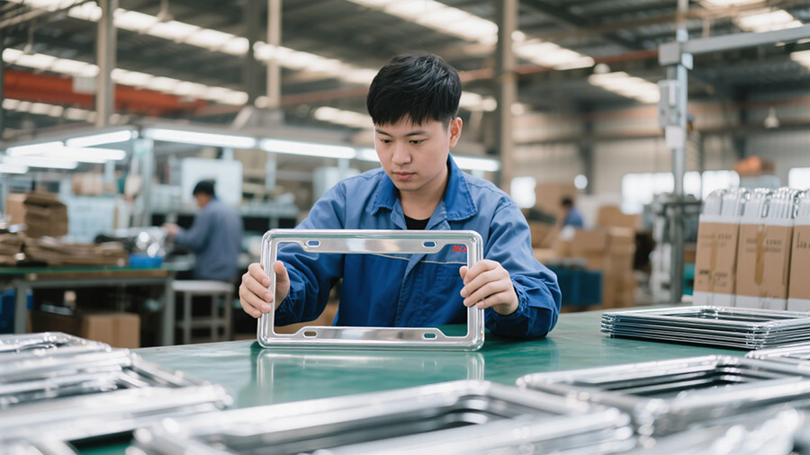Workers are inspecting the license plate frame