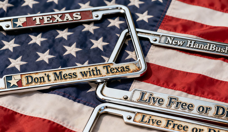 The license plate frame of the Texas slogan